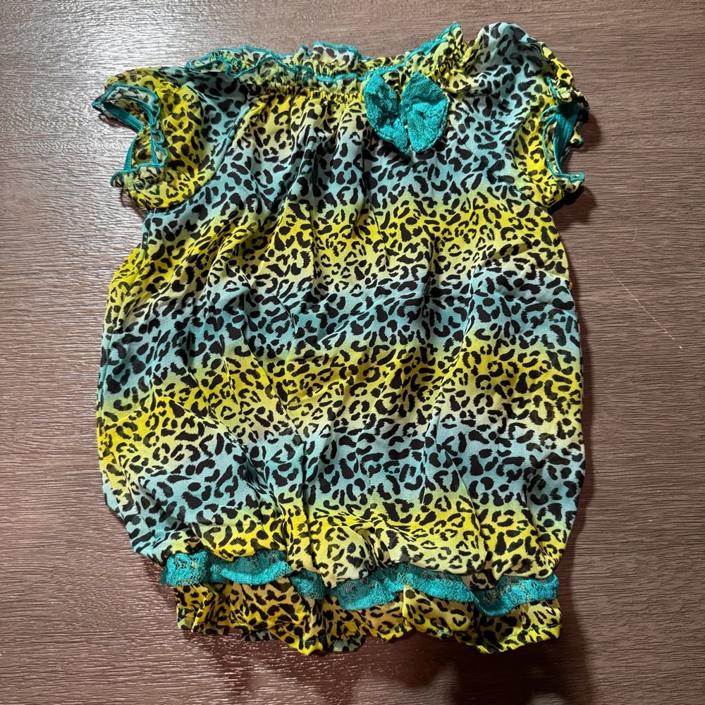 Vintage Bubble Lace Green Blue Leopard Print Baby Toddler Dress Top 4T